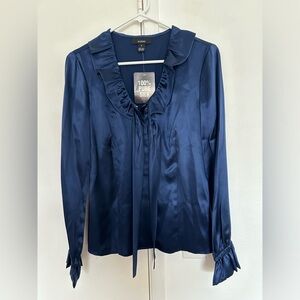 NWT ALFANI 100% Pure Silk navy blue blouse Ruffle Neck Long Sleeve size 4 TOP